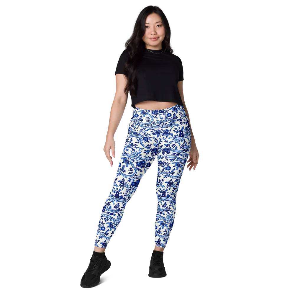 Blue Delft Meadow on Leggings with Pockets — Front