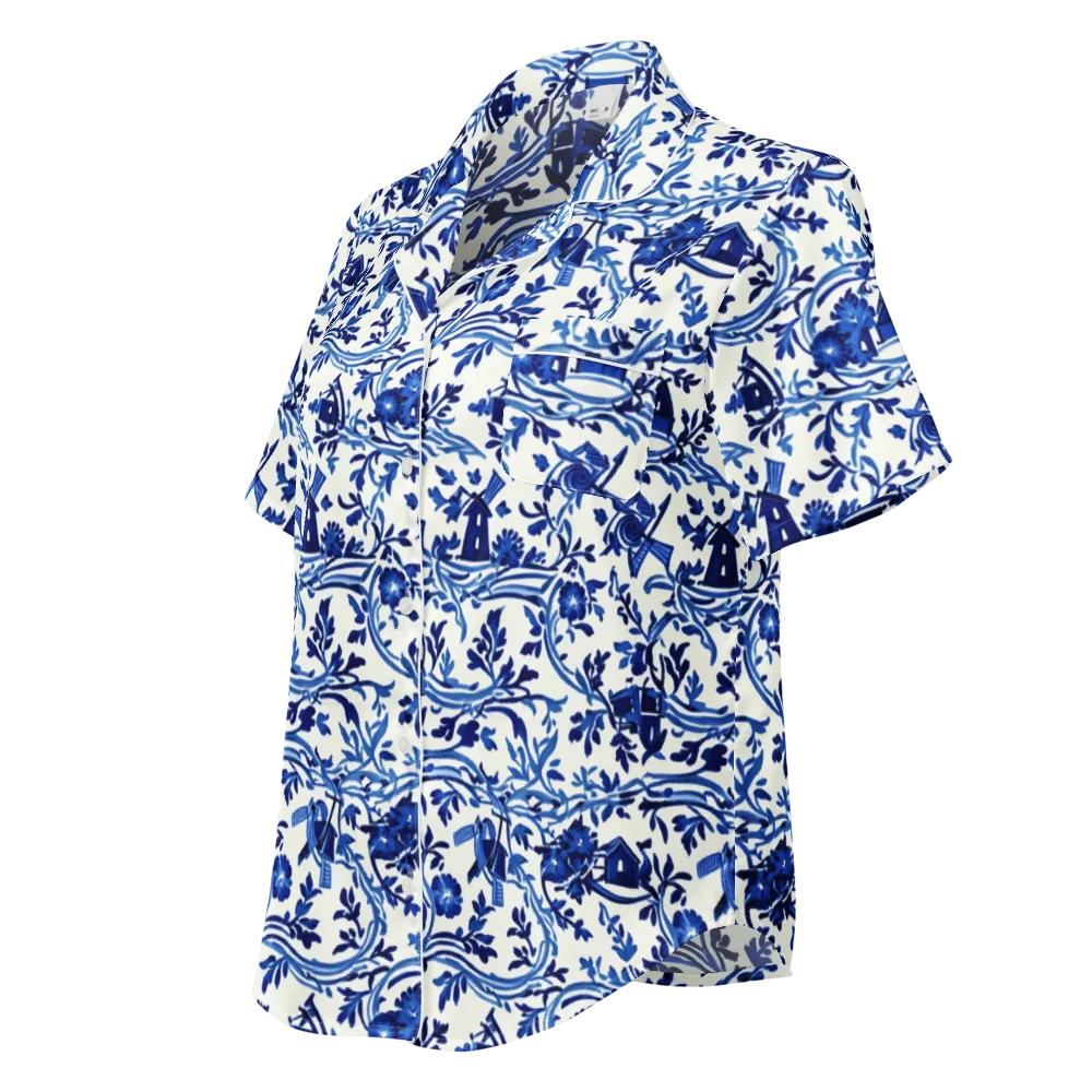 Blue Delft Meadow on Women's Short Sleeve Pajama Top — Left Front