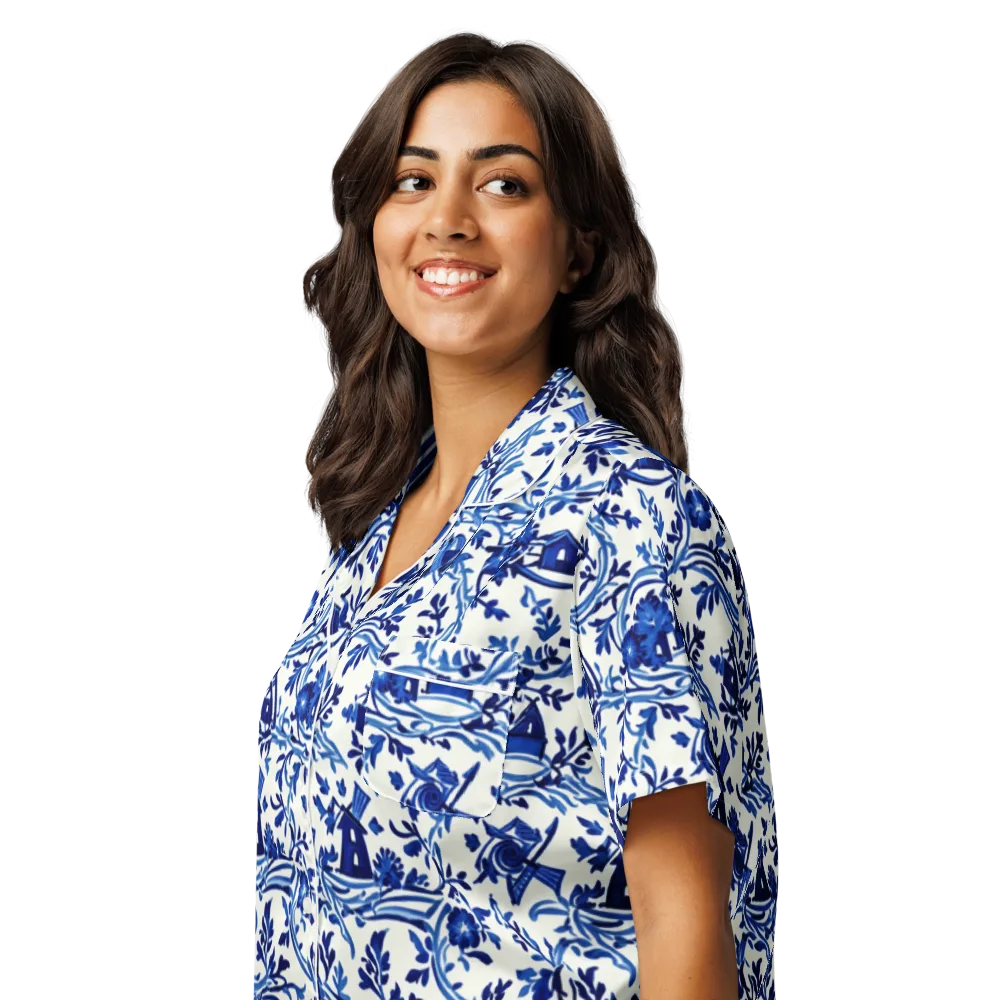 Blue Delft Meadow on Women's Short Sleeve Pajama Top — Left Front