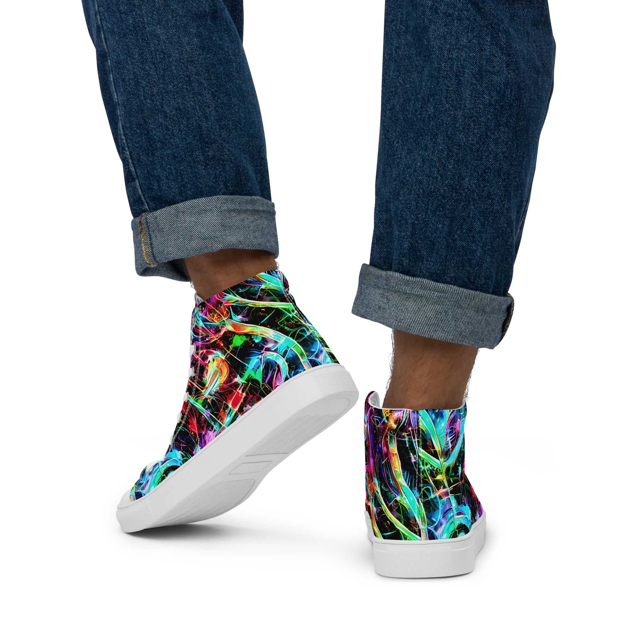 Futuristic Fever on Men's High Top Canvas Shoes — Back