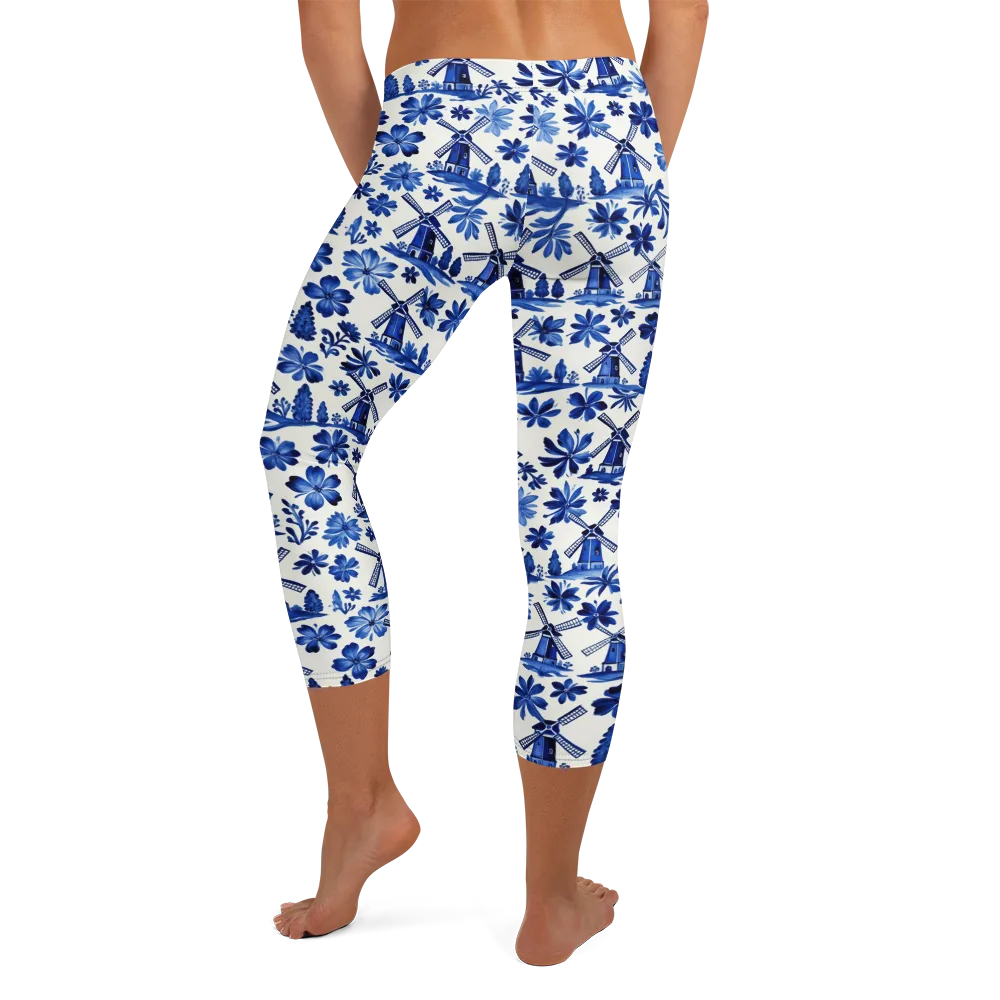 Cobalt Windmill Garden on Capri Leggings — Back