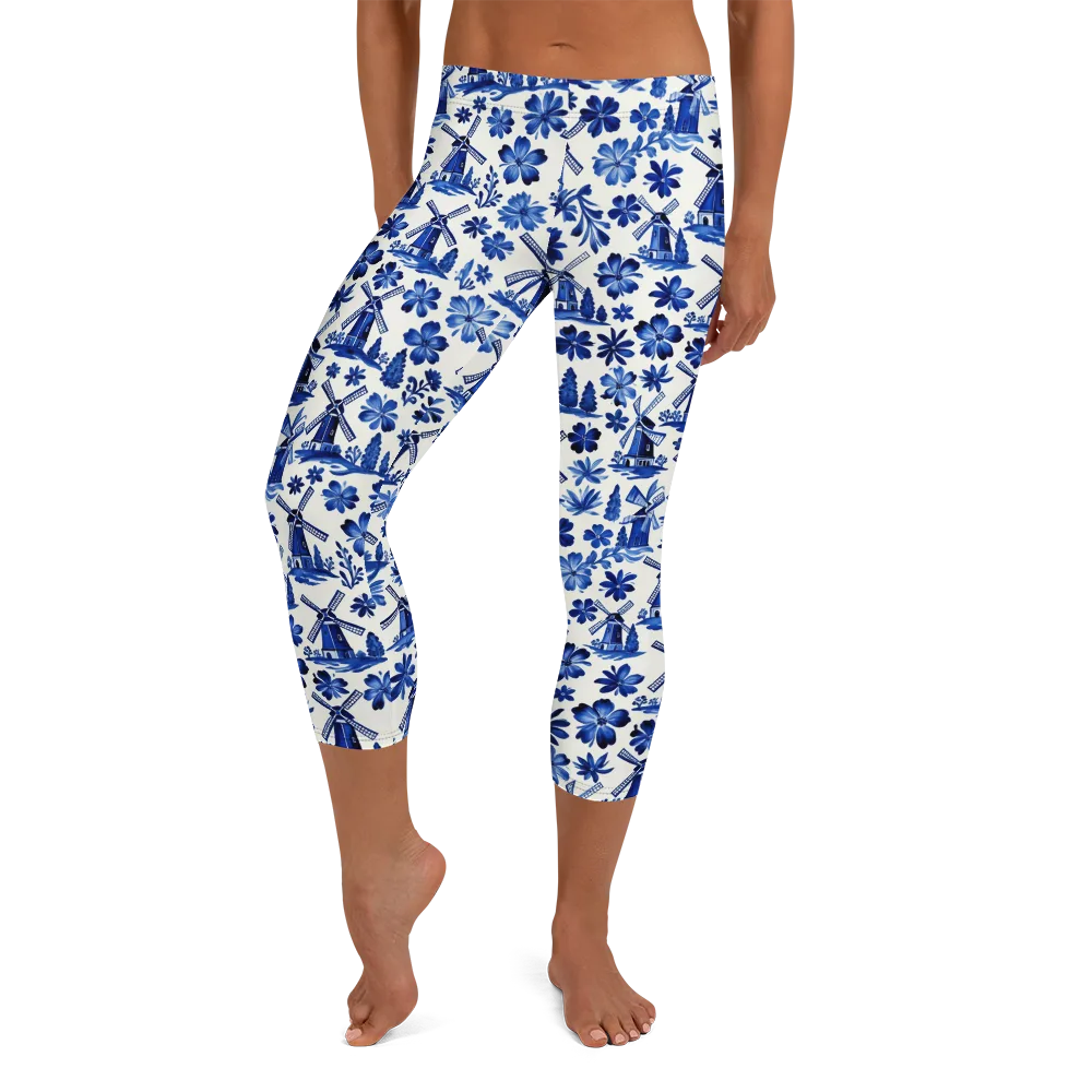 Cobalt Windmill Garden on Capri Leggings — Front