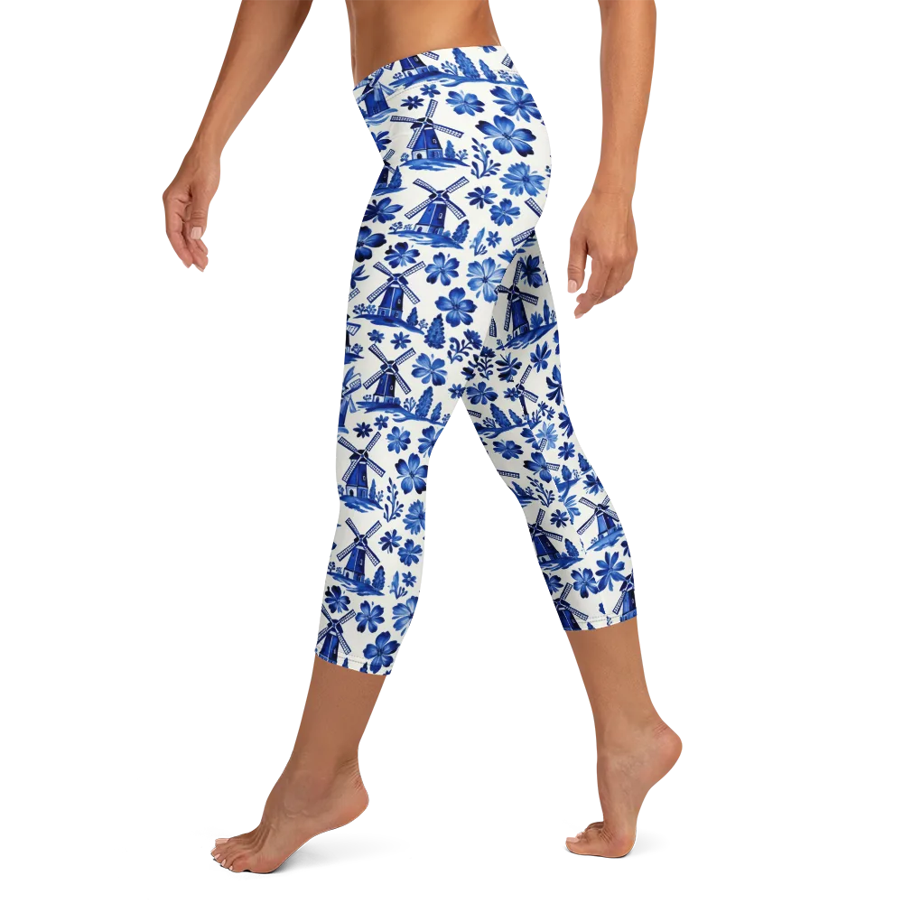 Cobalt Windmill Garden on Capri Leggings — Left