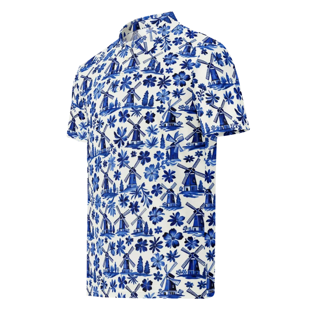 Cobalt Windmill Garden on Men's Slim Fit Polo Shirt — Left Front