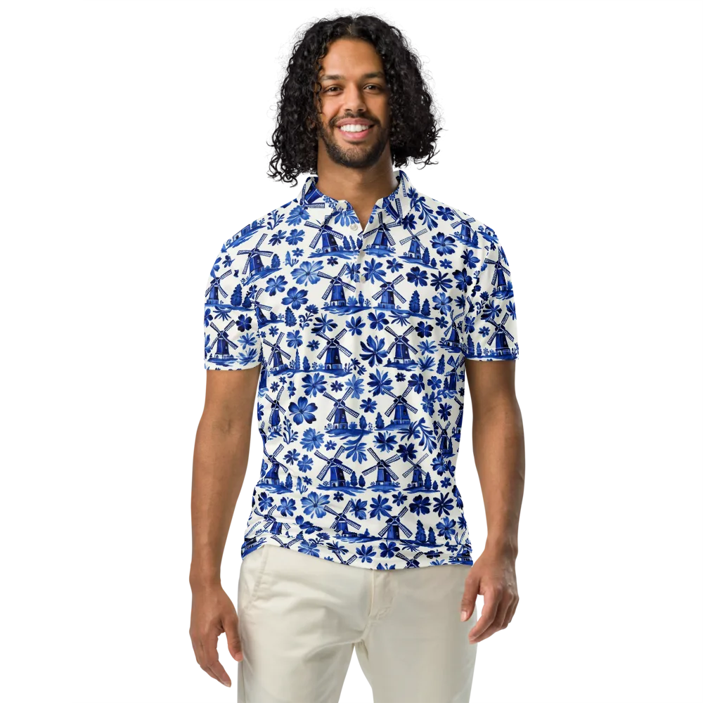 Cobalt Windmill Garden on Men's Slim Fit Polo Shirt — Front