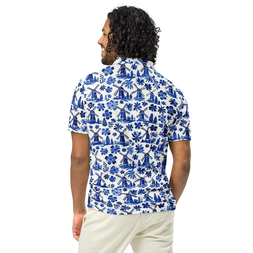 Cobalt Windmill Garden on Men's Slim Fit Polo Shirt — Back