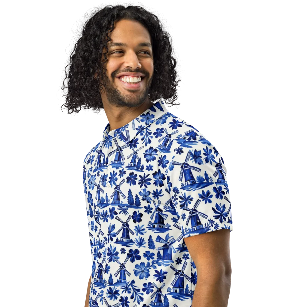 Cobalt Windmill Garden on Men's Slim Fit Polo Shirt — Left Front