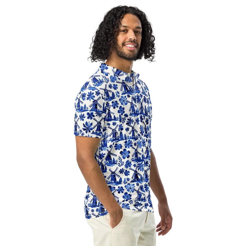 Cobalt Windmill Garden on Men's Slim Fit Polo Shirt — Right Front