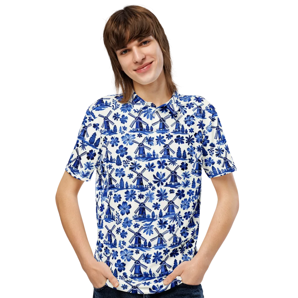 Cobalt Windmill Garden on Men's Slim Fit Polo Shirt — Front