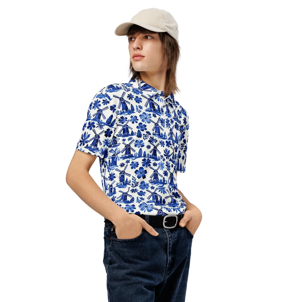 Cobalt Windmill Garden on Men's Slim Fit Polo Shirt — Right Front
