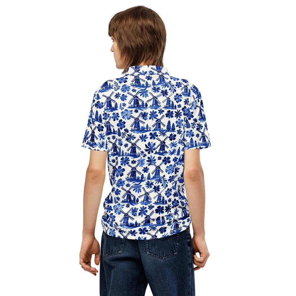 Cobalt Windmill Garden on Men's Slim Fit Polo Shirt — Back