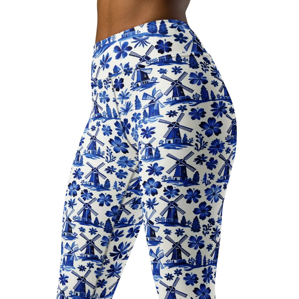 Cobalt Windmill Garden on Yoga Leggings — Left Front