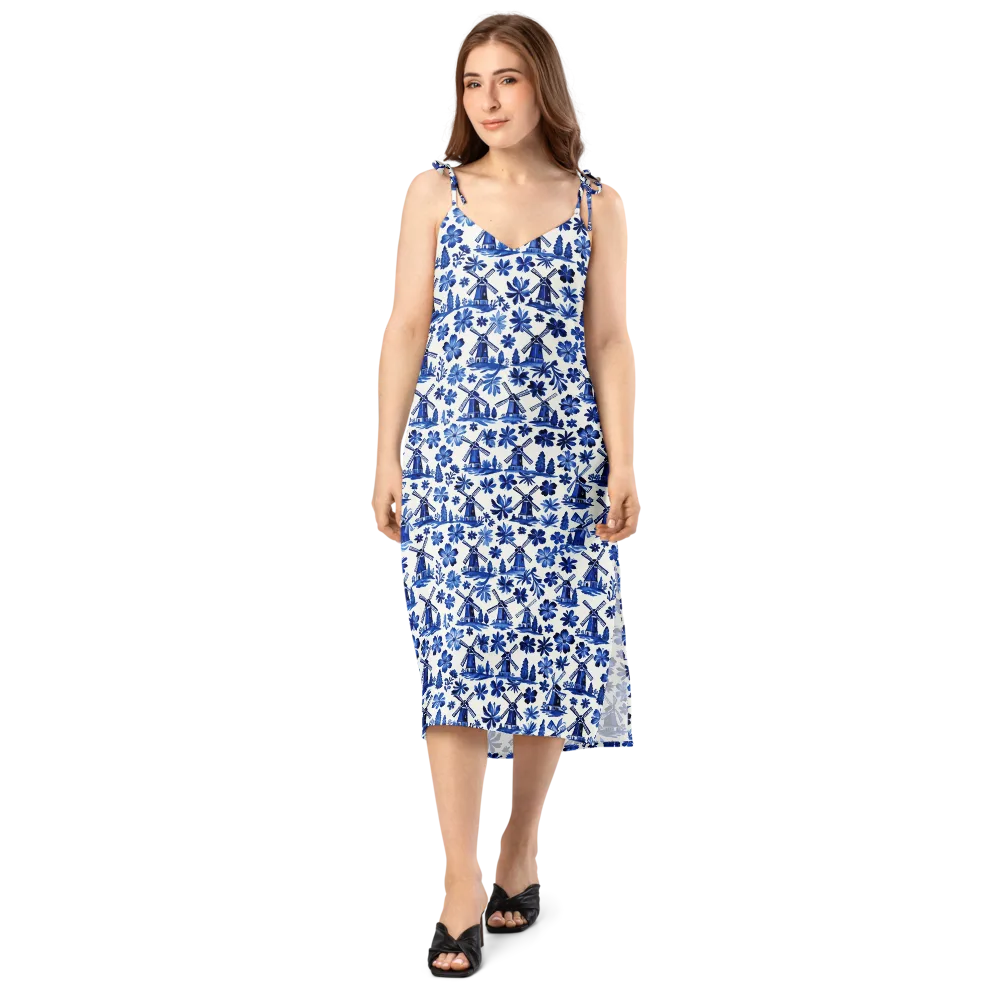 Cobalt Windmill Garden on Slip Dress — Front
