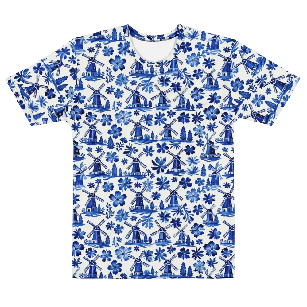Cobalt Windmill Garden on Men's Cotton Crew Neck T-Shirt — Front