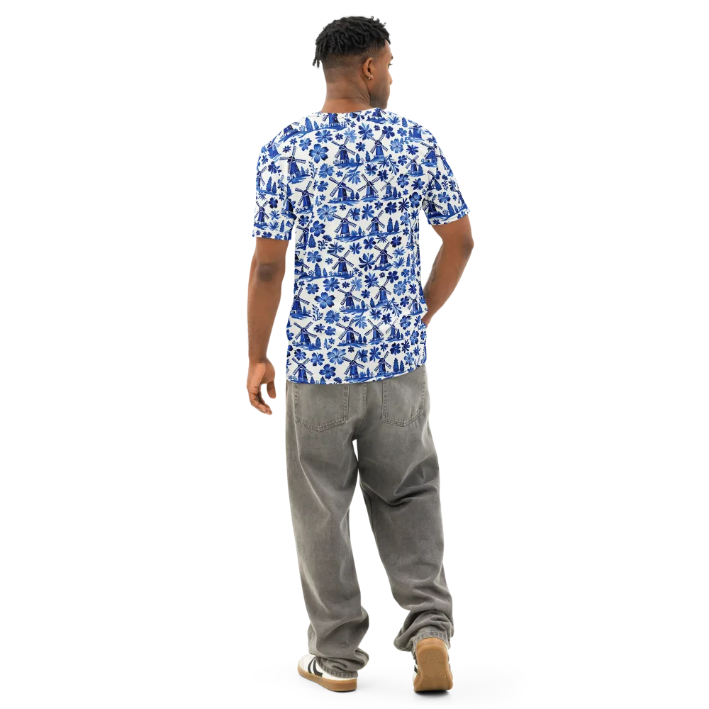 Cobalt Windmill Garden on Men's Cotton Crew Neck T-Shirt — Back