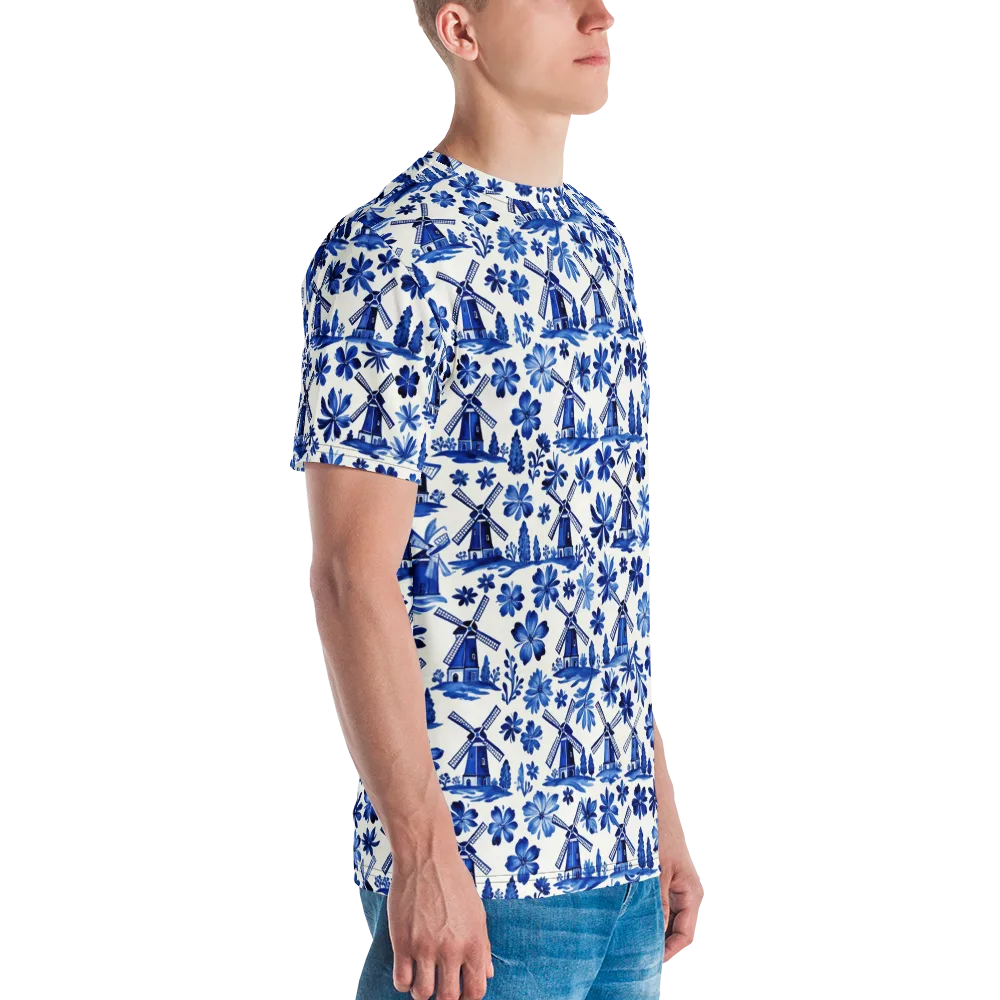Cobalt Windmill Garden on Men's Crew Neck T-Shirt — Right