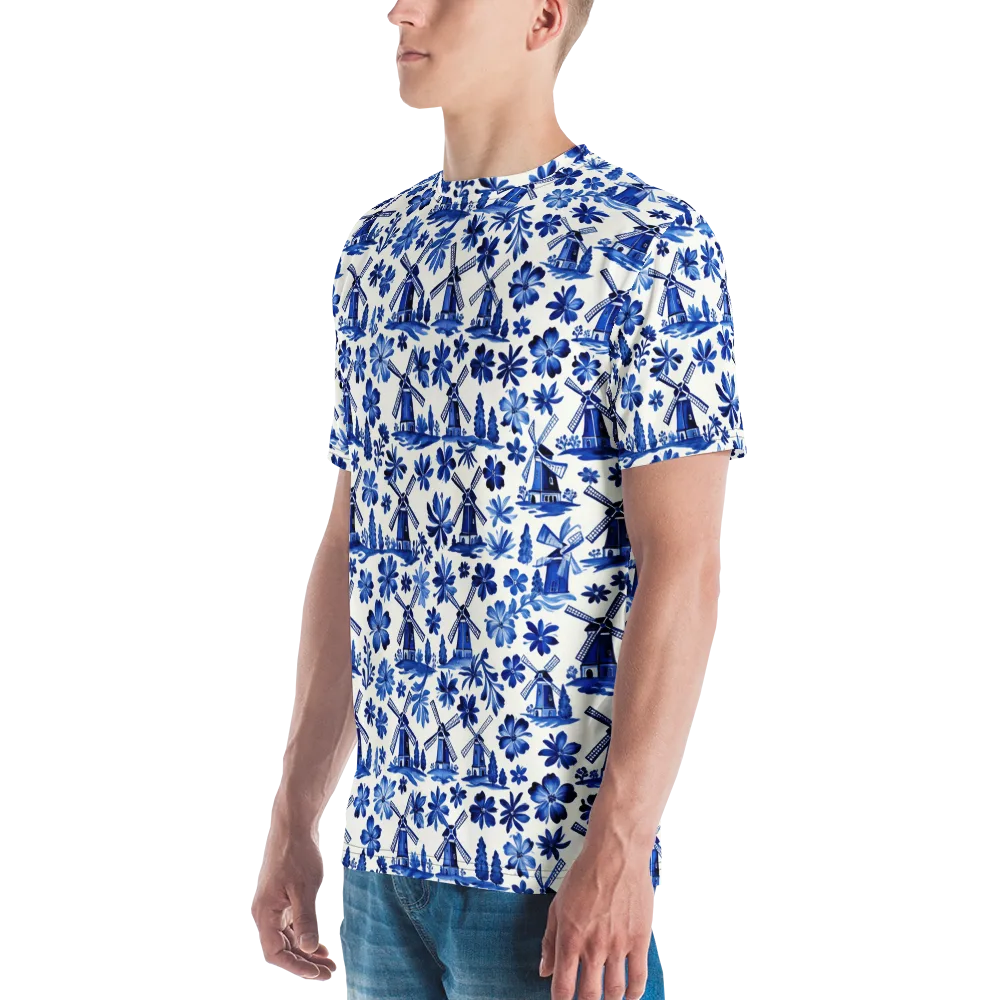 Cobalt Windmill Garden on Men's Crew Neck T-Shirt — Left