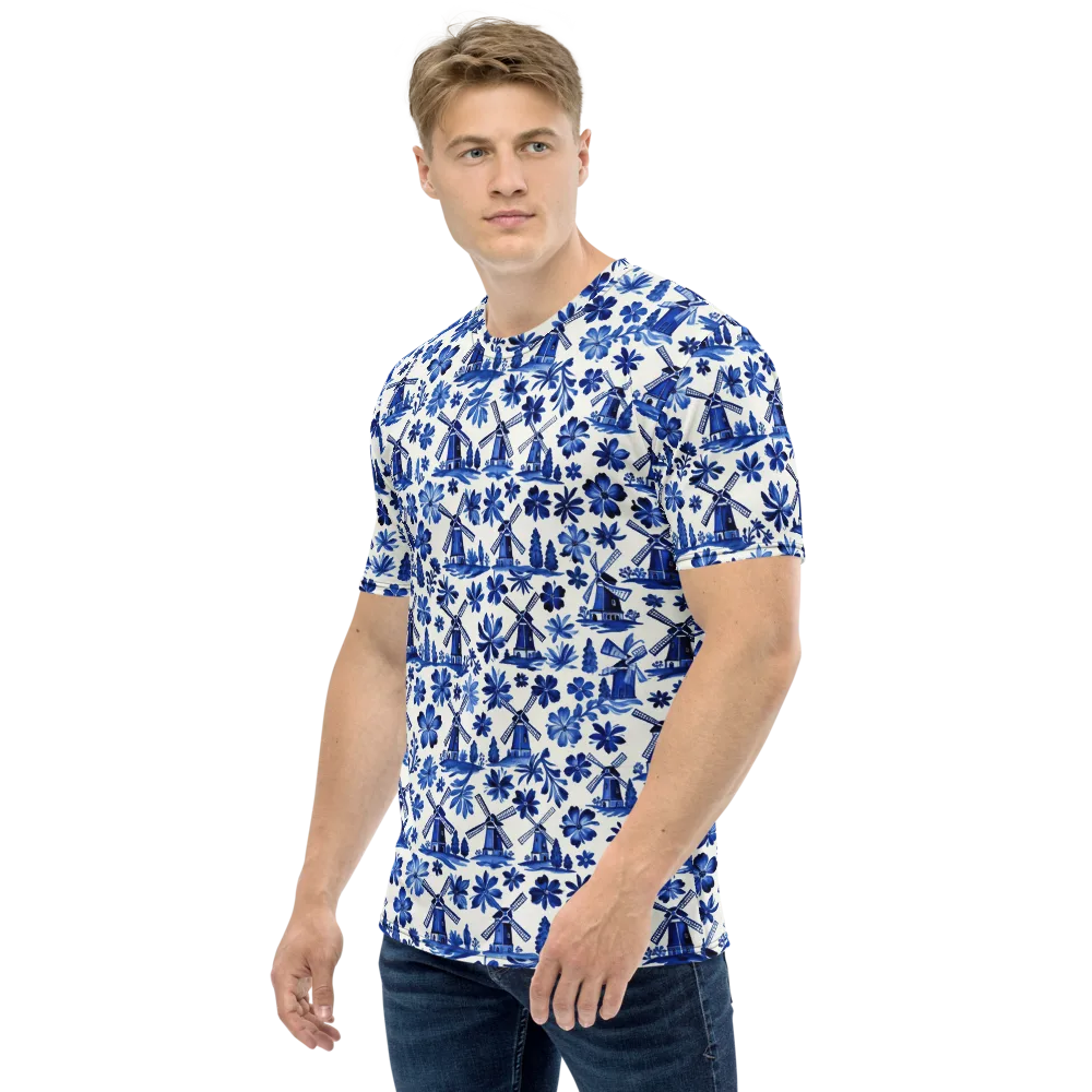 Cobalt Windmill Garden on Men's Crew Neck T-Shirt — Left