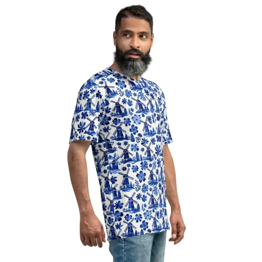 Cobalt Windmill Garden on a Men's Crew Neck T-Shirt