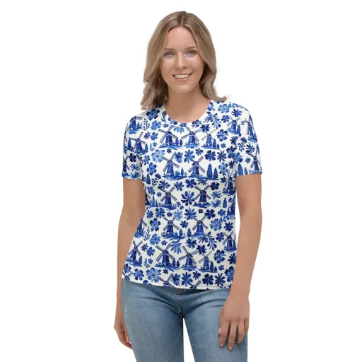 Cobalt Windmill Garden on a Women's Crew Neck T-Shirt