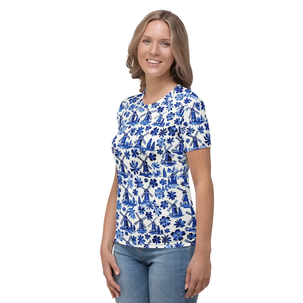 Cobalt Windmill Garden on Women's Crew Neck T-Shirt — Left
