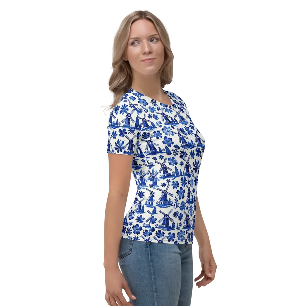 Cobalt Windmill Garden on Women's Crew Neck T-Shirt — Right