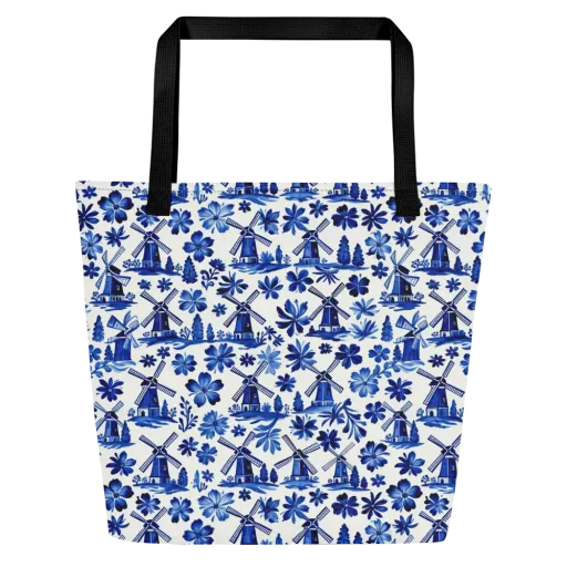 Cobalt Windmill Garden on a Large Tote Bag W/ Pocket
