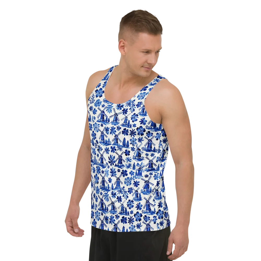 Cobalt Windmill Garden on Men's Tank Top — Left Front