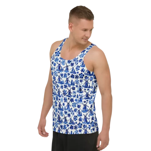 Cobalt Windmill Garden on a Men's Tank Top