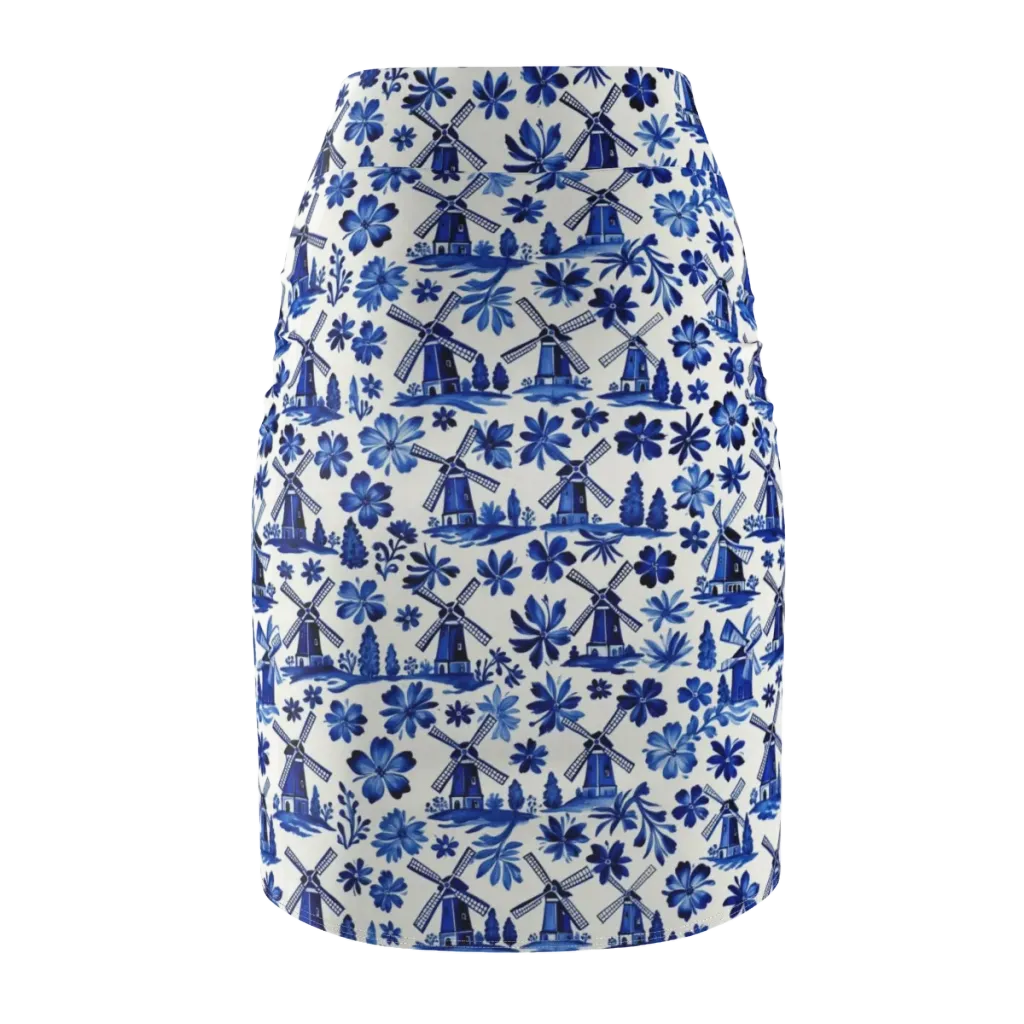 Cobalt Windmill Garden on Pencil Skirt — Back
