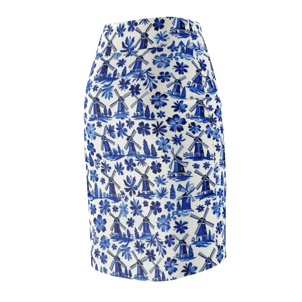 Cobalt Windmill Garden on Pencil Skirt — Back Side