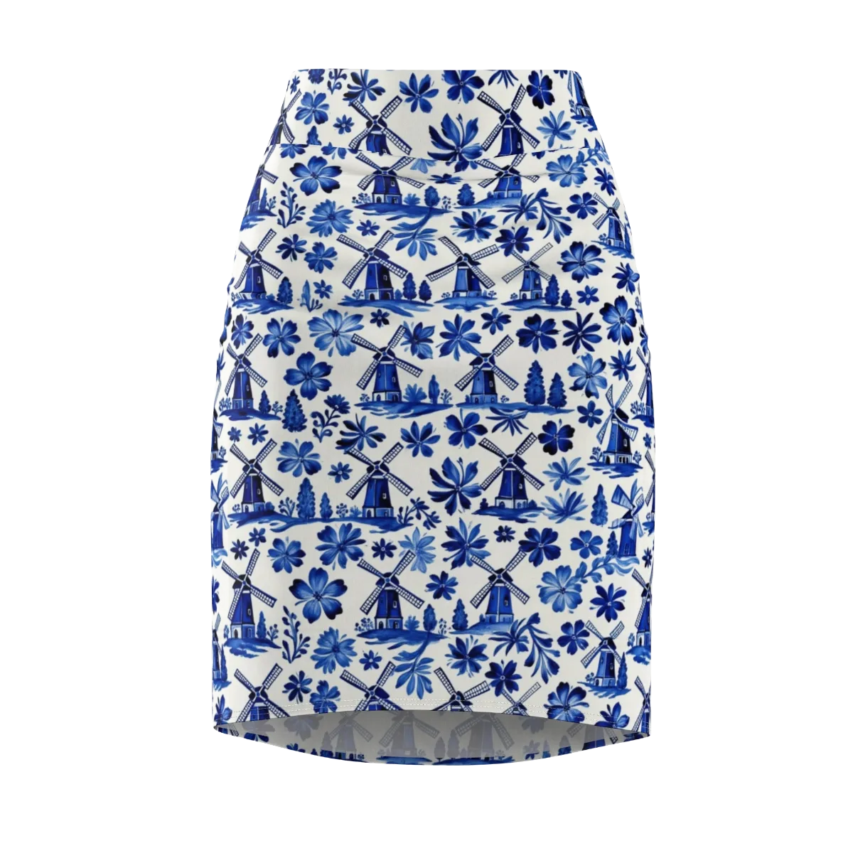 Cobalt Windmill Garden on Pencil Skirt — Front