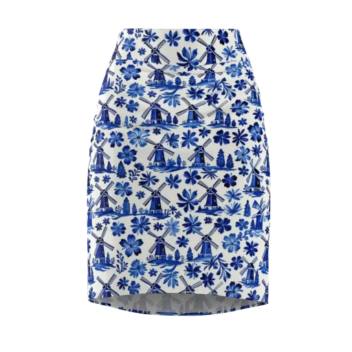 Cobalt Windmill Garden on a Pencil Skirt