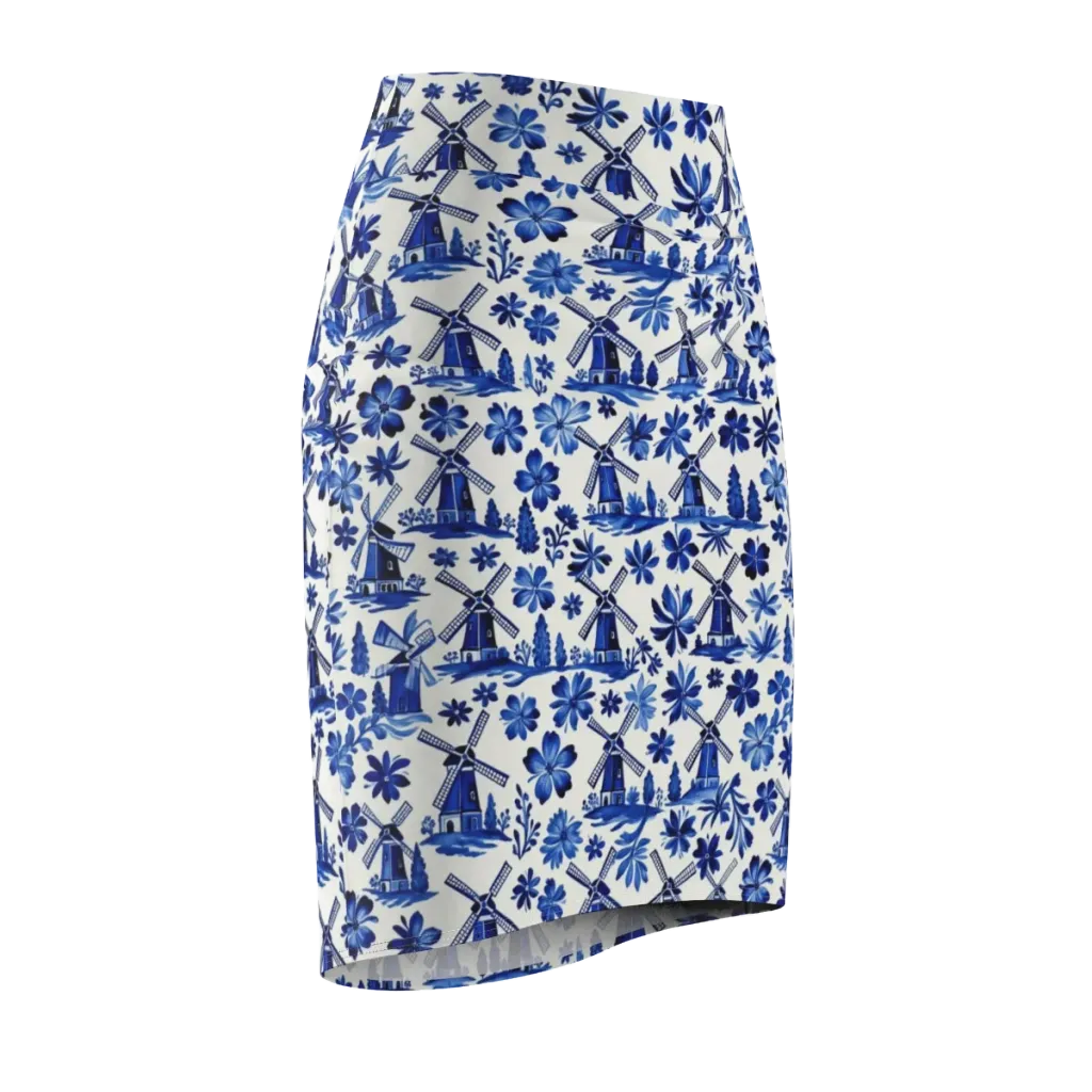 Cobalt Windmill Garden on Pencil Skirt — Front Side