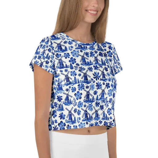 Cobalt Windmill Garden on a Crop Tee