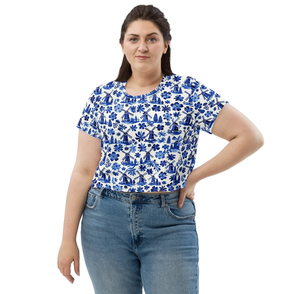 Cobalt Windmill Garden on Crop Tee — Front