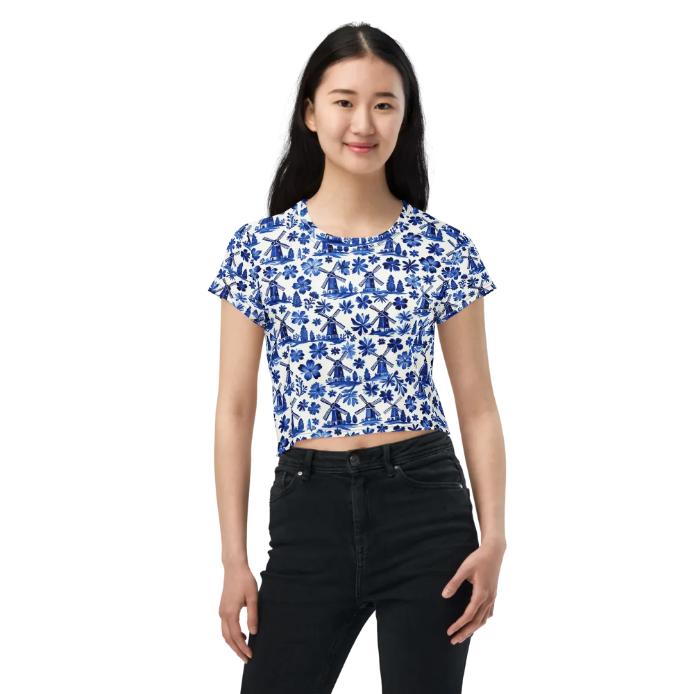 Cobalt Windmill Garden on Crop Tee — Front