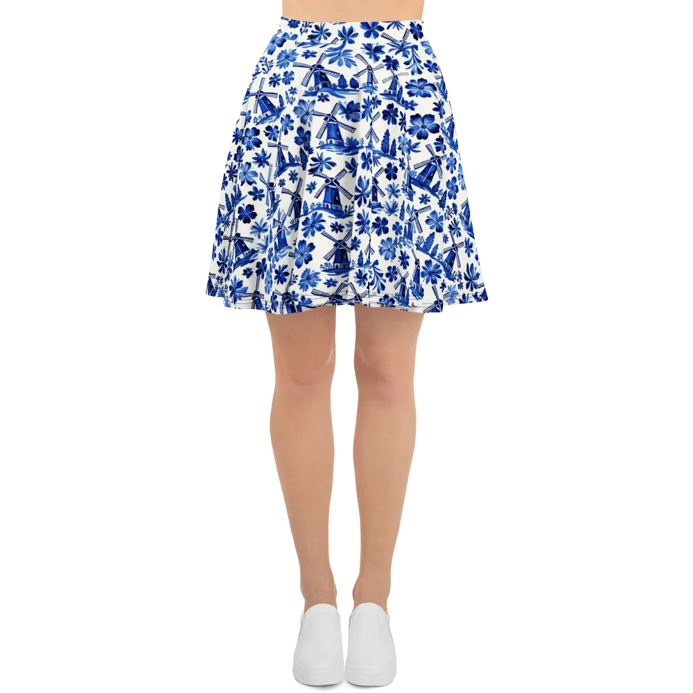 Cobalt Windmill Garden on Skater Skirt — Front