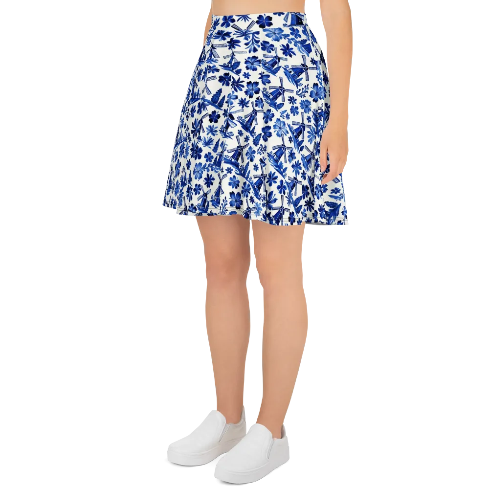 Cobalt Windmill Garden on Skater Skirt — Left