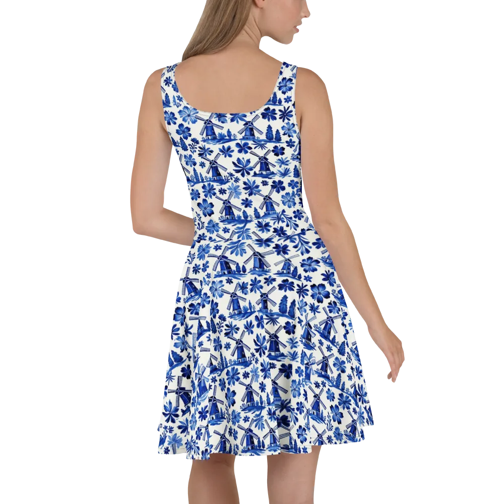 Cobalt Windmill Garden on Skater Dress — Back