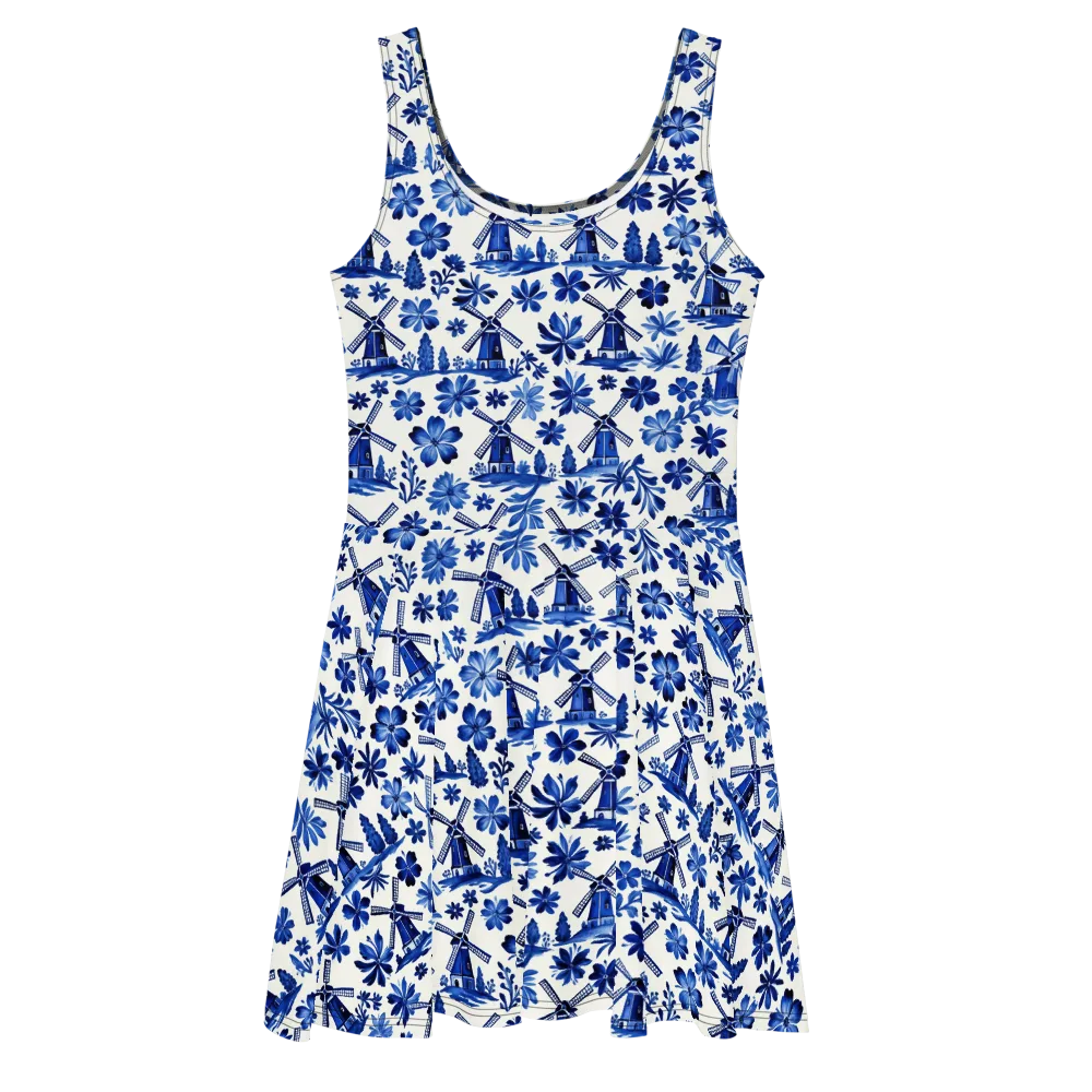 Cobalt Windmill Garden on Skater Dress — Front