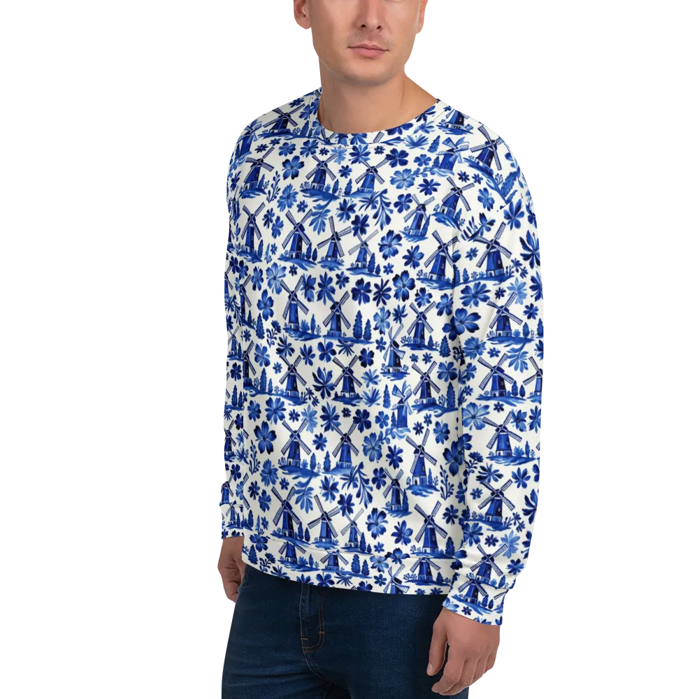 Cobalt Windmill Garden on Sweatshirt — Left Front