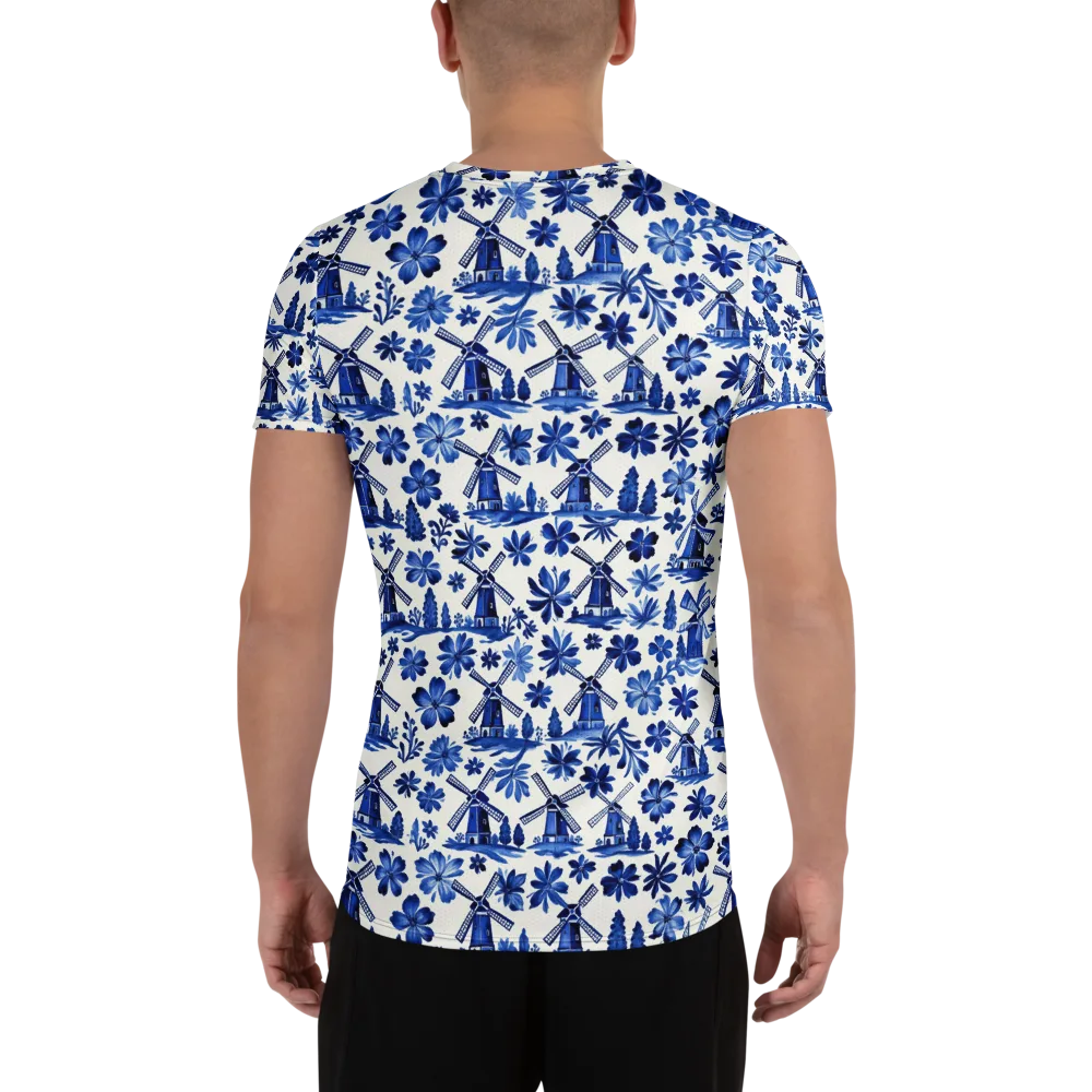 Cobalt Windmill Garden on Men's Athletic T-Shirt — Back