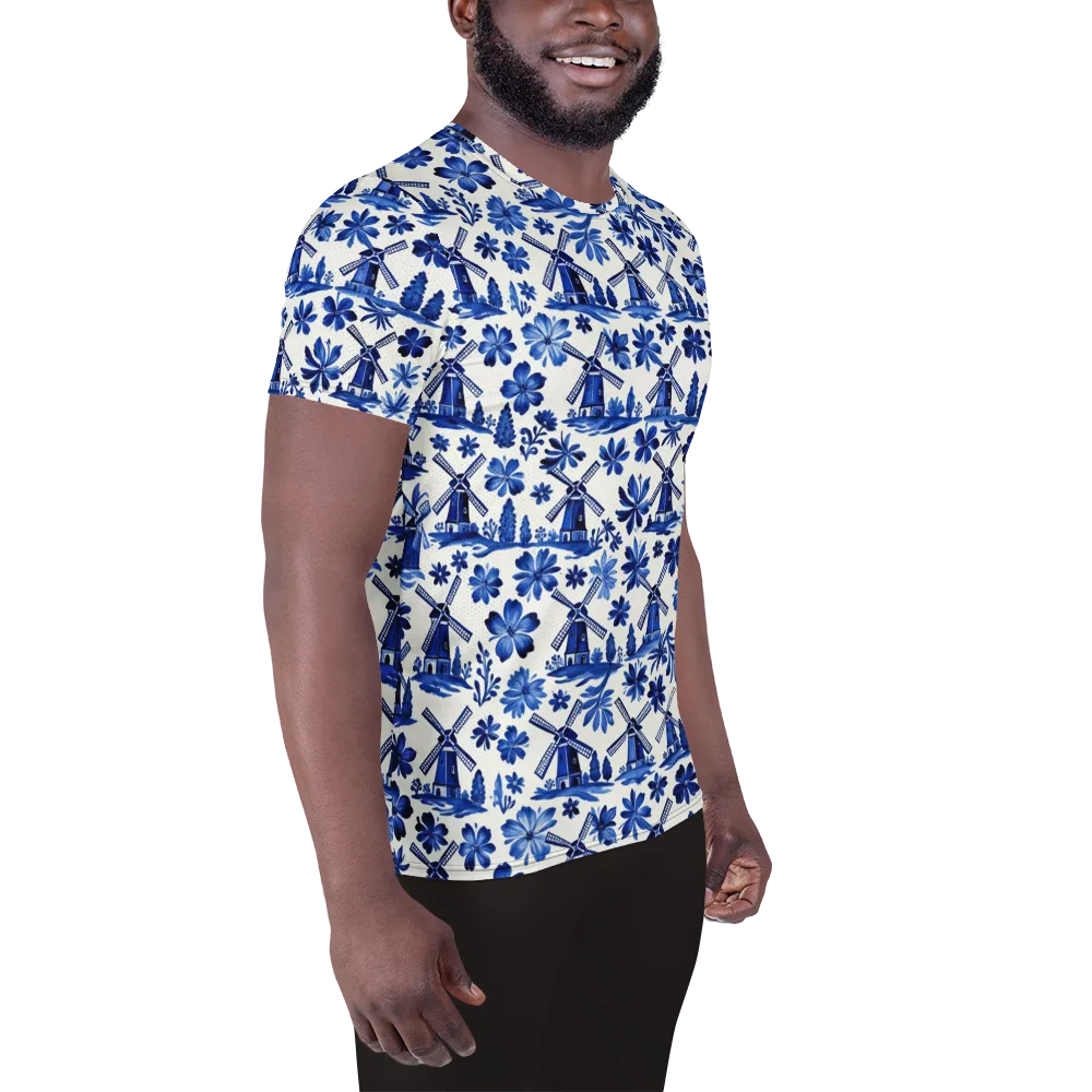 Cobalt Windmill Garden on Men's Athletic T-Shirt — Right