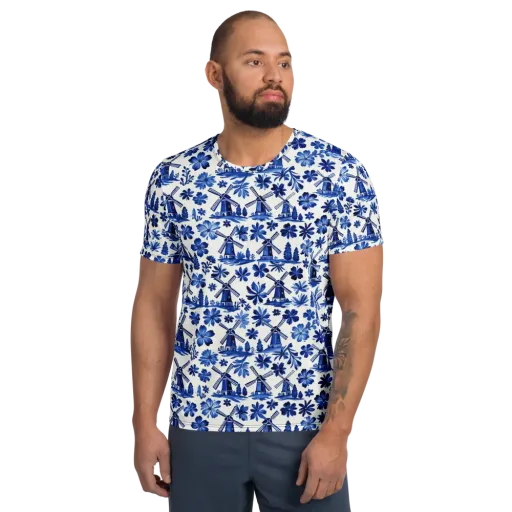 Cobalt Windmill Garden on a Men's Athletic T-Shirt
