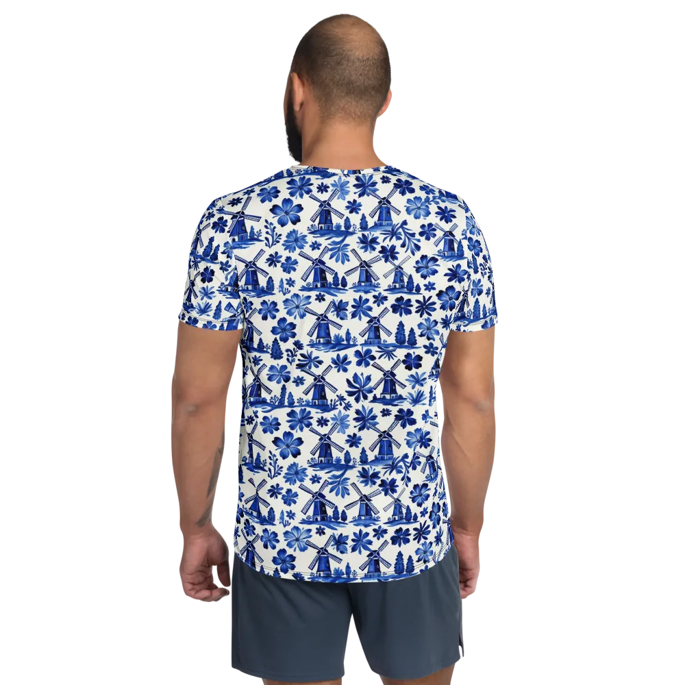 Cobalt Windmill Garden on Men's Athletic T-Shirt — Back