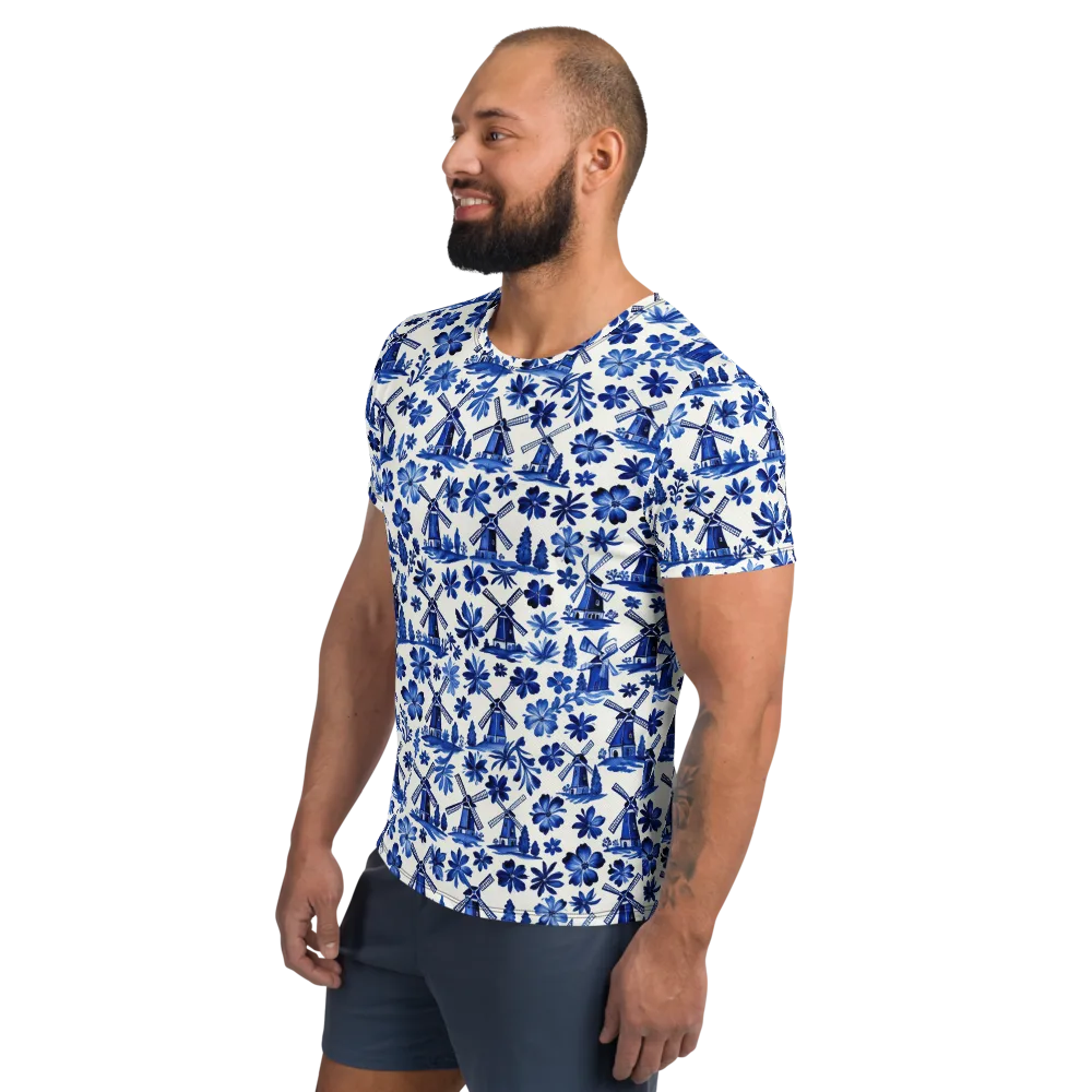 Cobalt Windmill Garden on Men's Athletic T-Shirt — Left