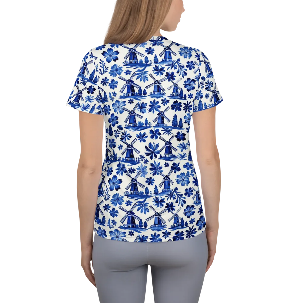 Cobalt Windmill Garden on Women's Athletic T-Shirt — Back
