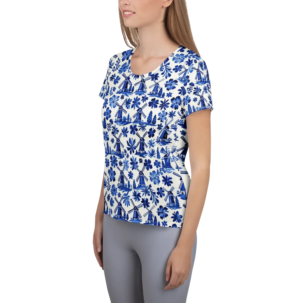 Cobalt Windmill Garden on Women's Athletic T-Shirt — Left