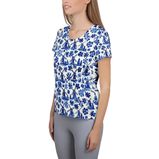 Cobalt Windmill Garden on a Women's Athletic T-Shirt